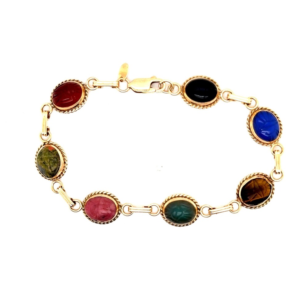 Carla 14K Yellow Gold Multi Gemstone Scarab Bracelet 7.5 Inch 9g Vintage